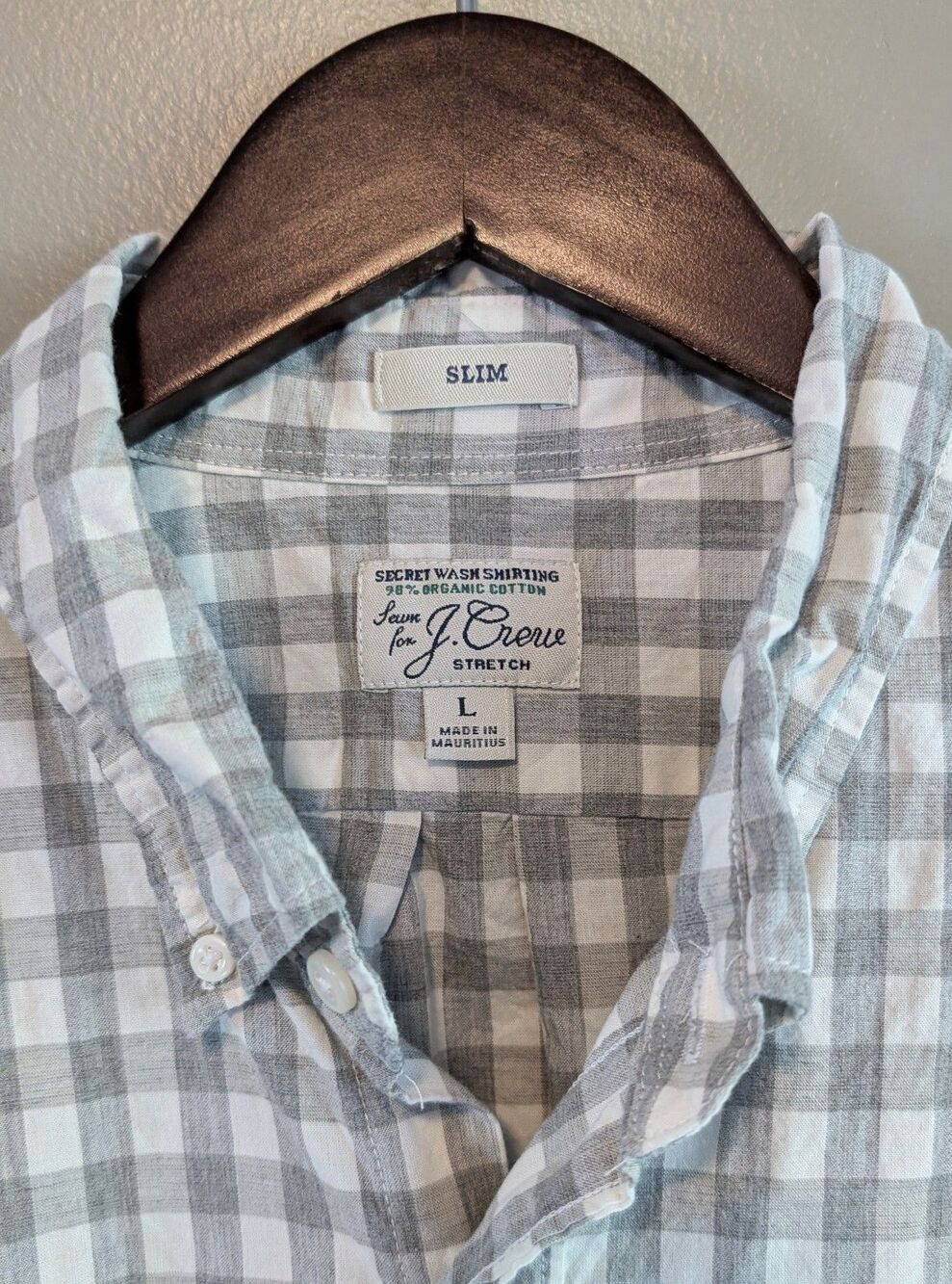J. Crew Mens Large L Grey White Gingham Check Slim Stretch Button Down Shirt LS